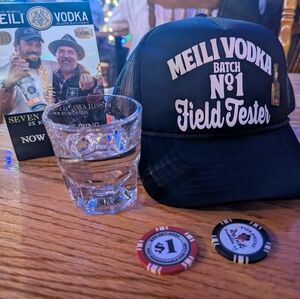 Jason Momoa Meili Vodka Field Tester Cap W/ Momoa Placard Some Items Not In Set